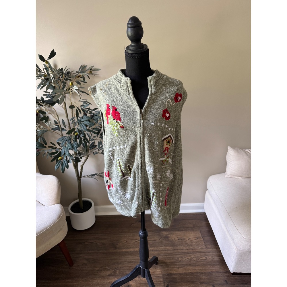 Southern Lady Womens XL Green Embroidered Winter Cardinal Zip Up Sweater Vest